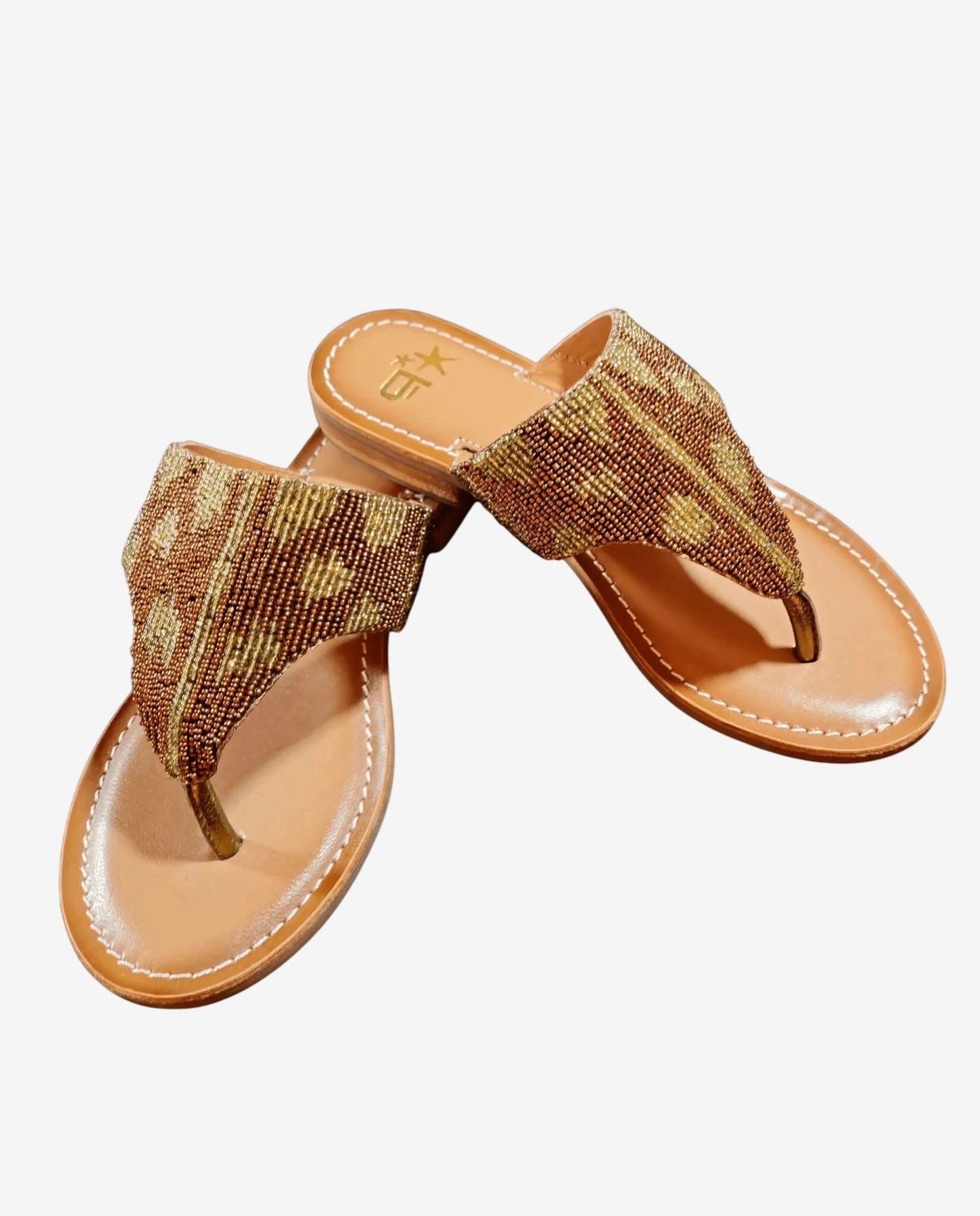 Infradito Bikini Mi.Ma con fascia decorata da un motivo geometrico a rombi marrone e oro.