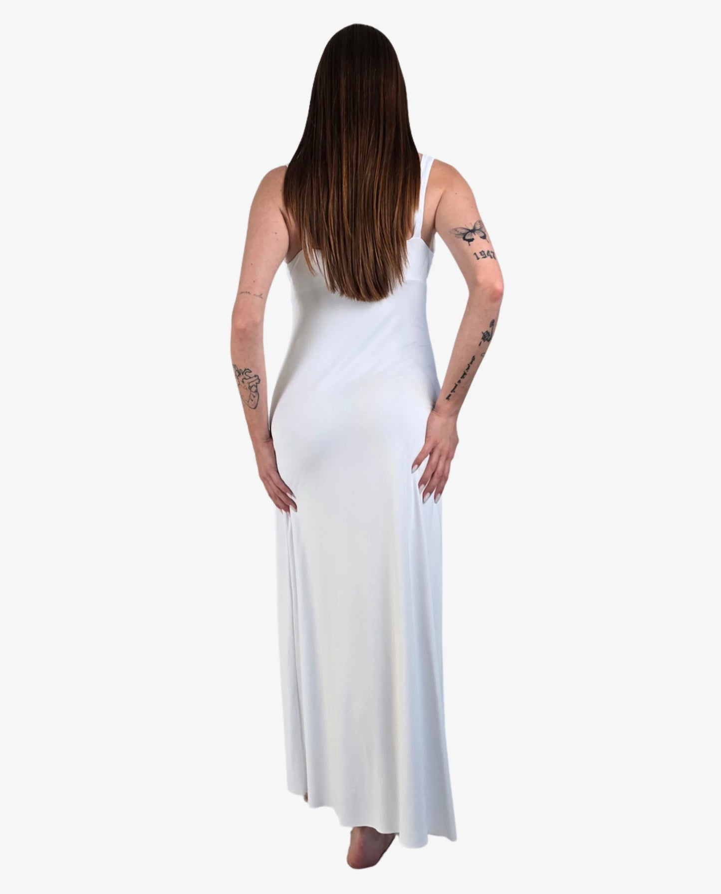 Abito Lungo Maxi Bianco Scollo V Incrociato con Spacco