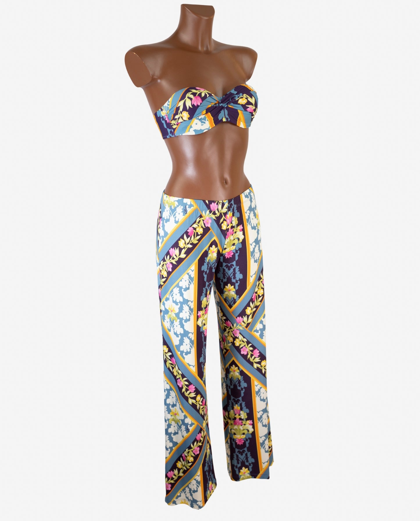 Pantalone a Zampa Fantasia Floreale Barocca Denim — Olivia Gold