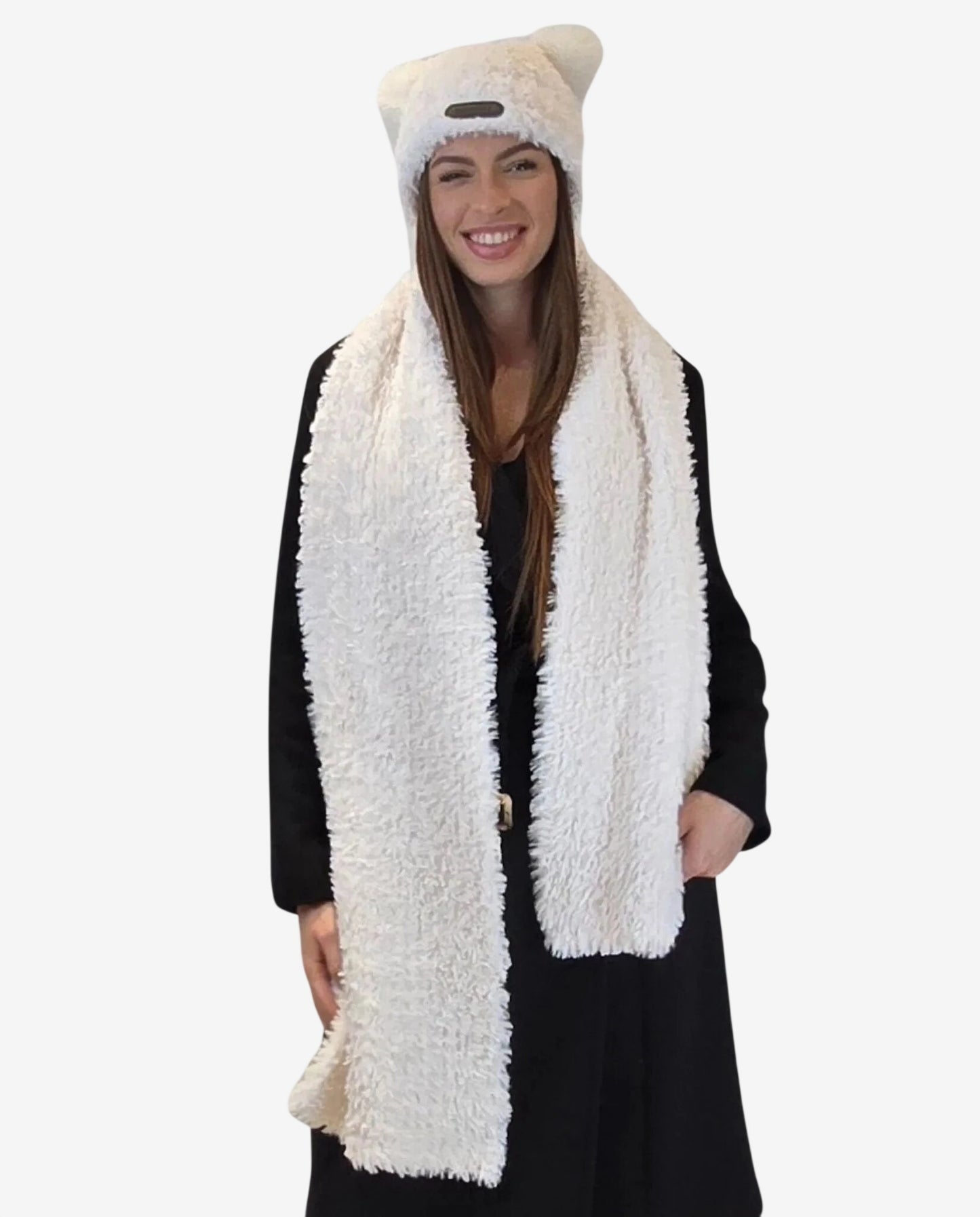 Set coordinato da donna composto da sciarpa e cappello color bianco latte in tessuto morbido.