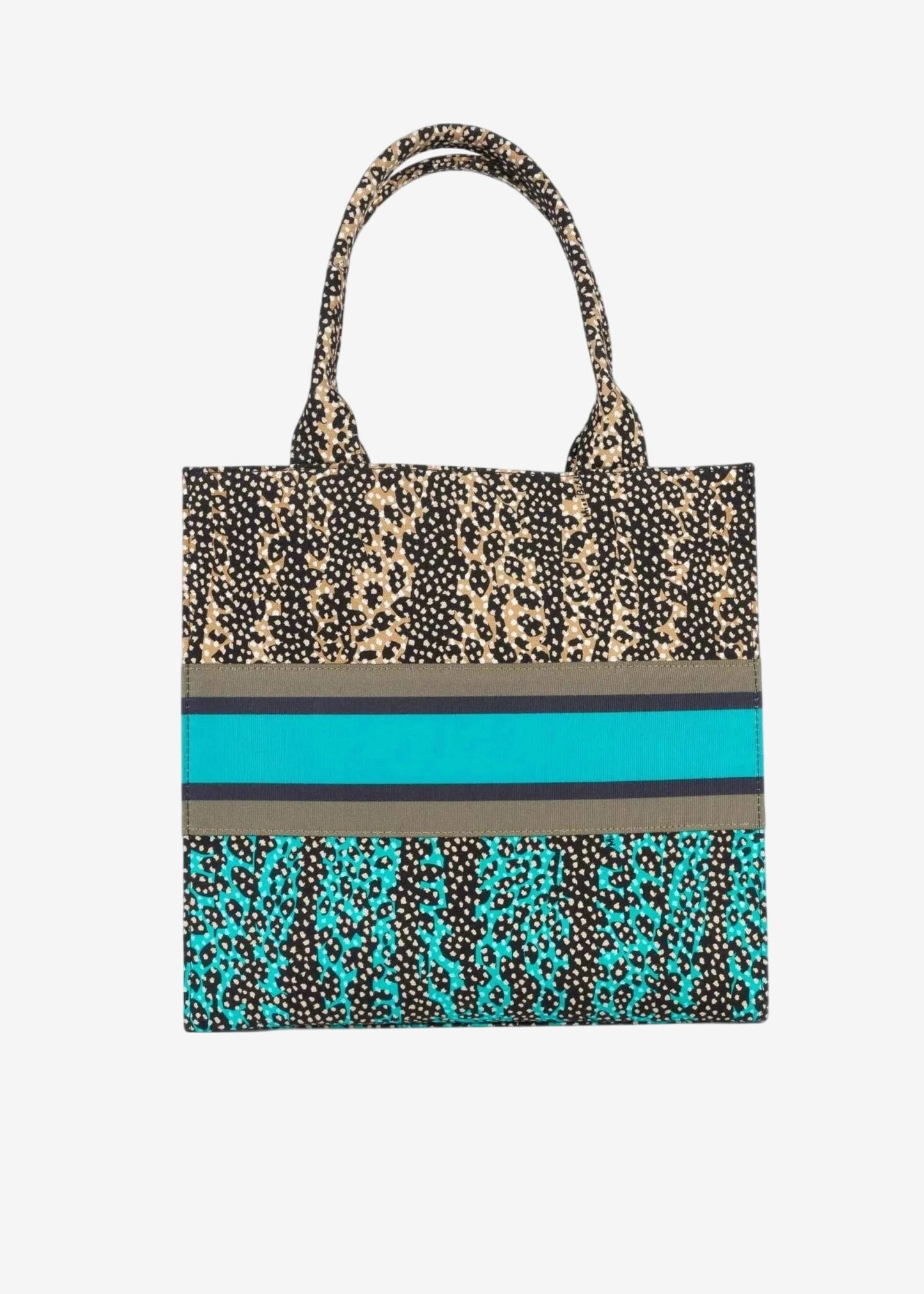 Borsa a mano in canvas con stampa animalier e fascia centrale colorata.