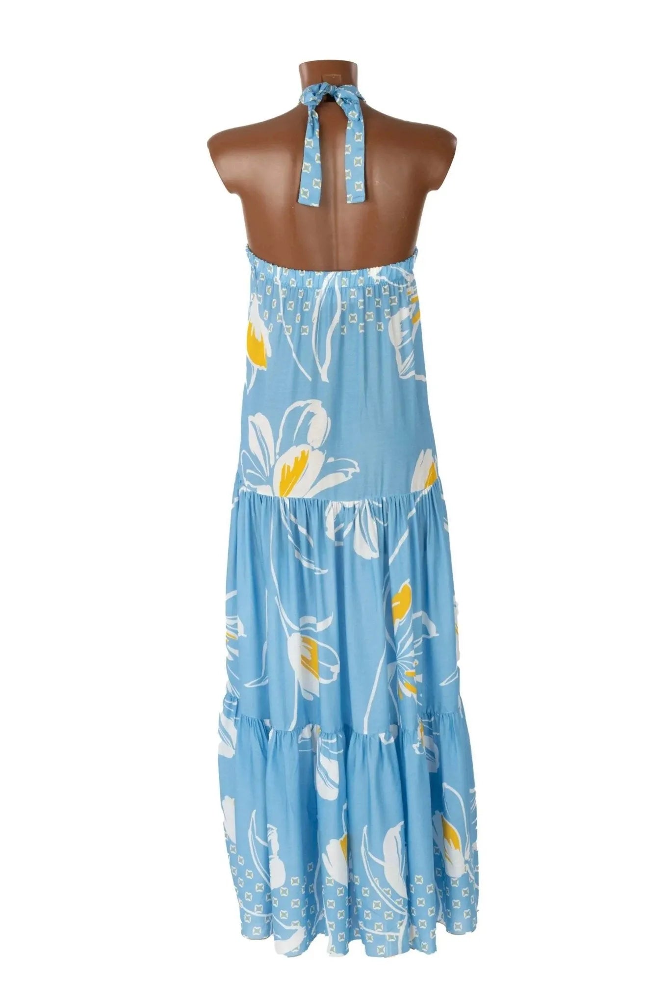 Abito lungo Valery in viscosa azzurra con stampa floreale bianca e gialla e scollo all'americana.