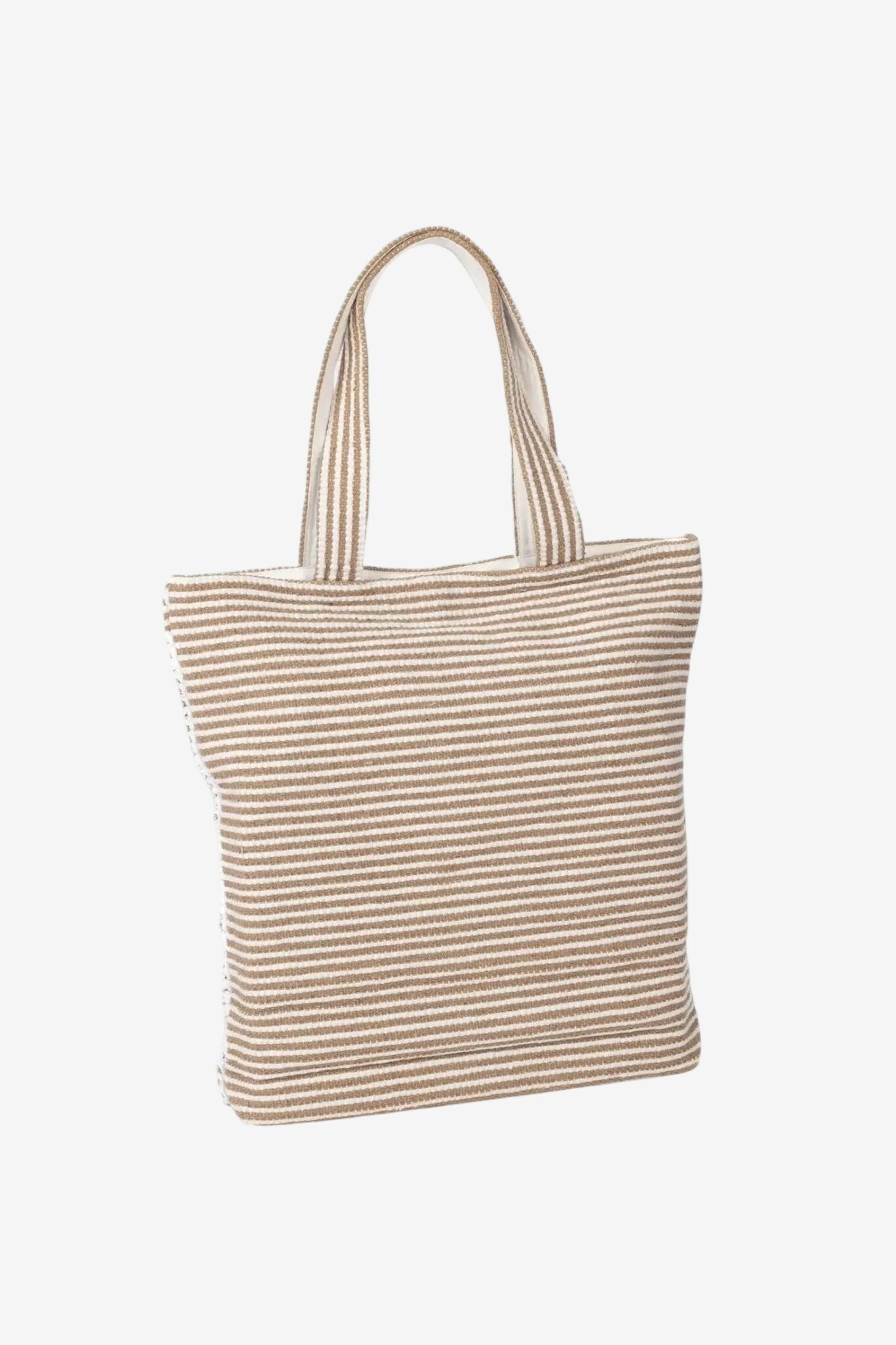 Borsa maxi in cotone con motivo a righe orizzontali color sabbia e avorio.