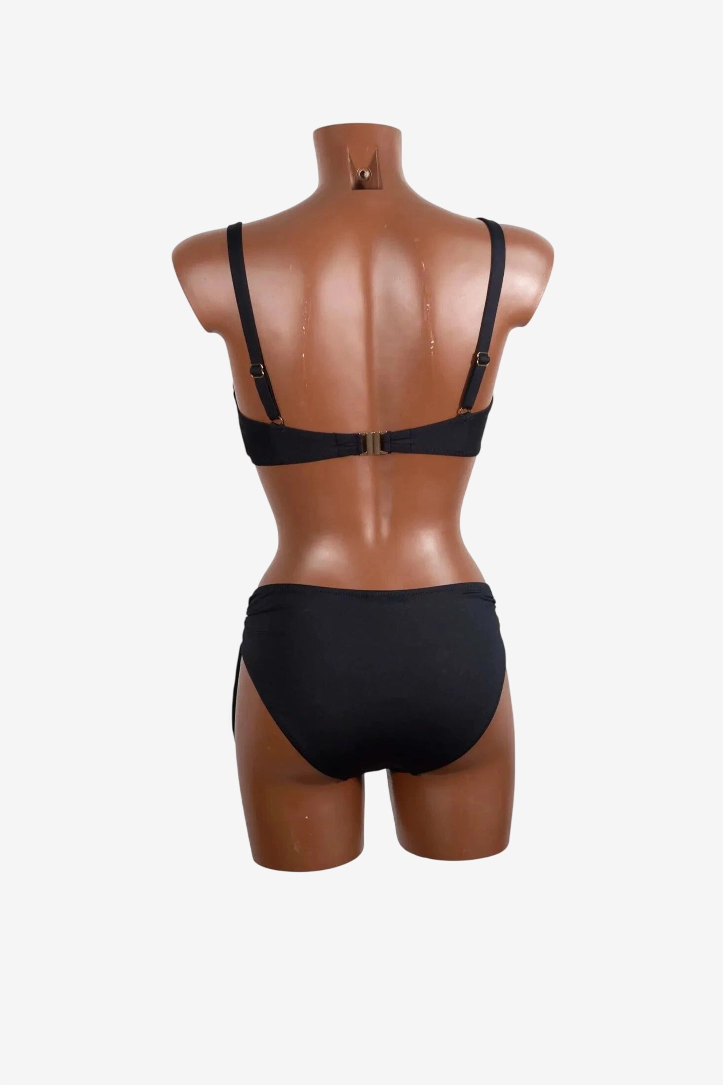 A black bikini set with an underwire top and high-waisted bottoms shown from the back.