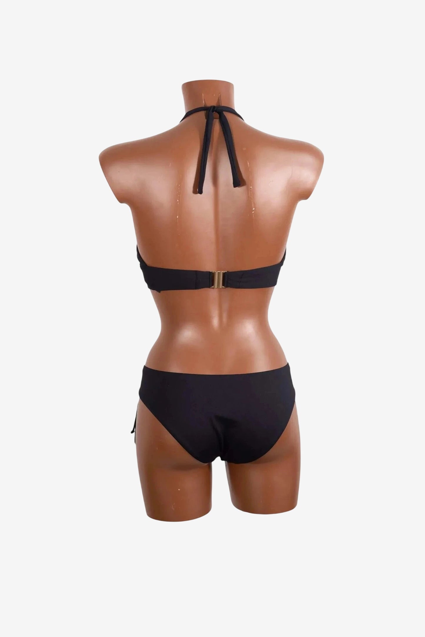 Vista posteriore di un bikini a triangolo nero Roidal con allacciatura al collo e slip con fiocchi.