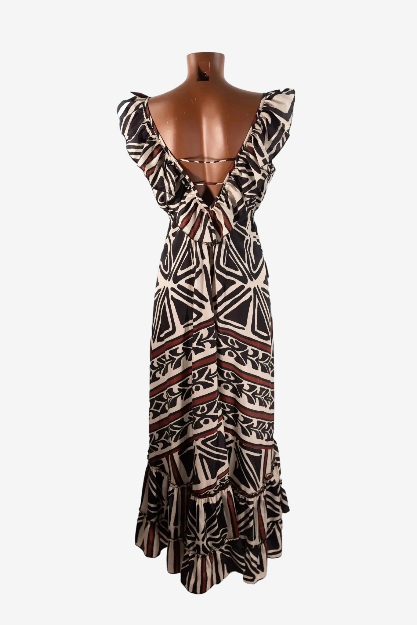 Abito lungo Iconique senza maniche con stampa geometrica e volant sul fondo.