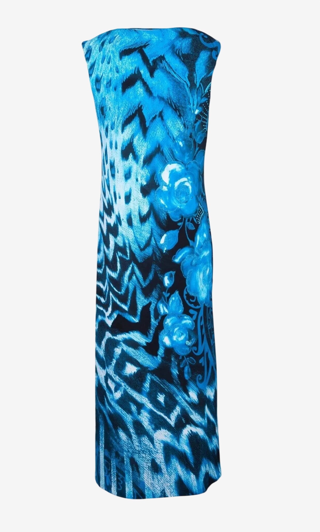 Abito lungo Roidal senza maniche con scollo a V e fantasia floreale e geometrica azzurra.