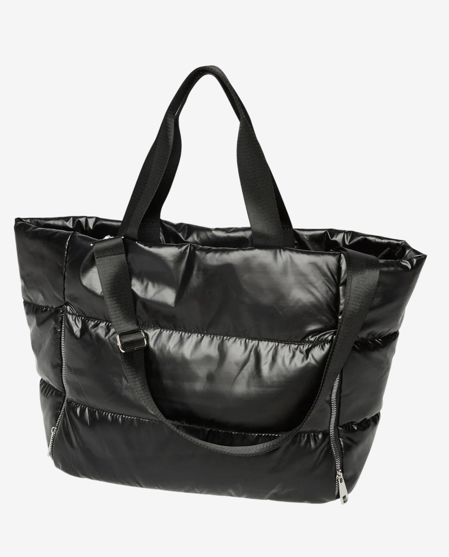 Borsa tote nera imbottita con tracolla regolabile e cerniere laterali.