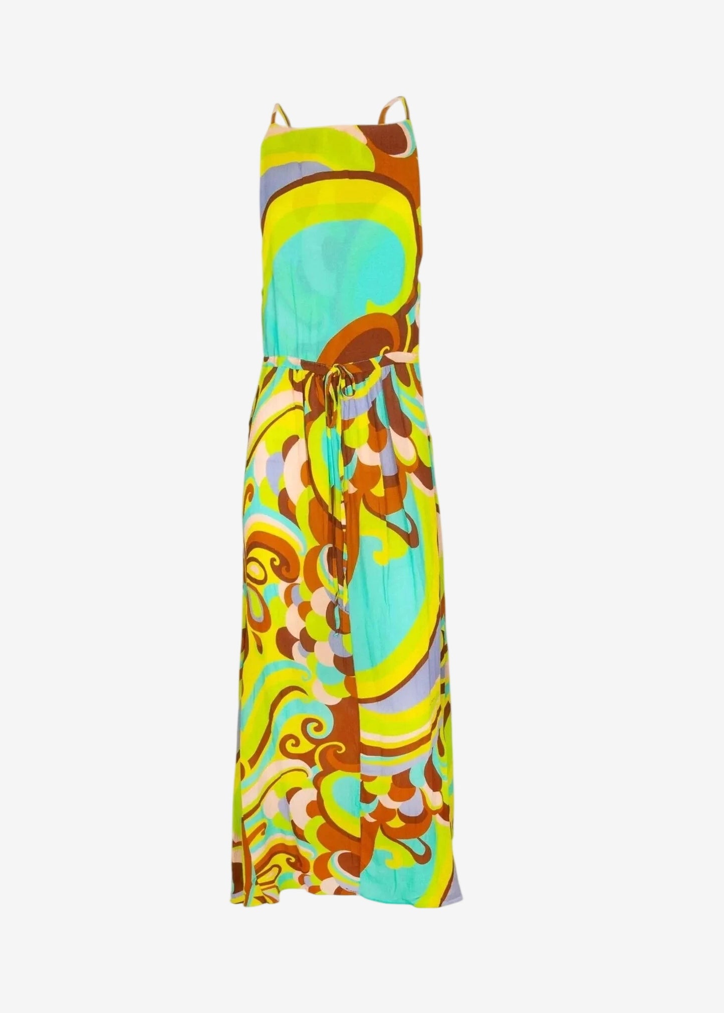 Abito lungo Miss Bikini con spalline sottili e fantasia colorata astratta su fondo in viscosa.