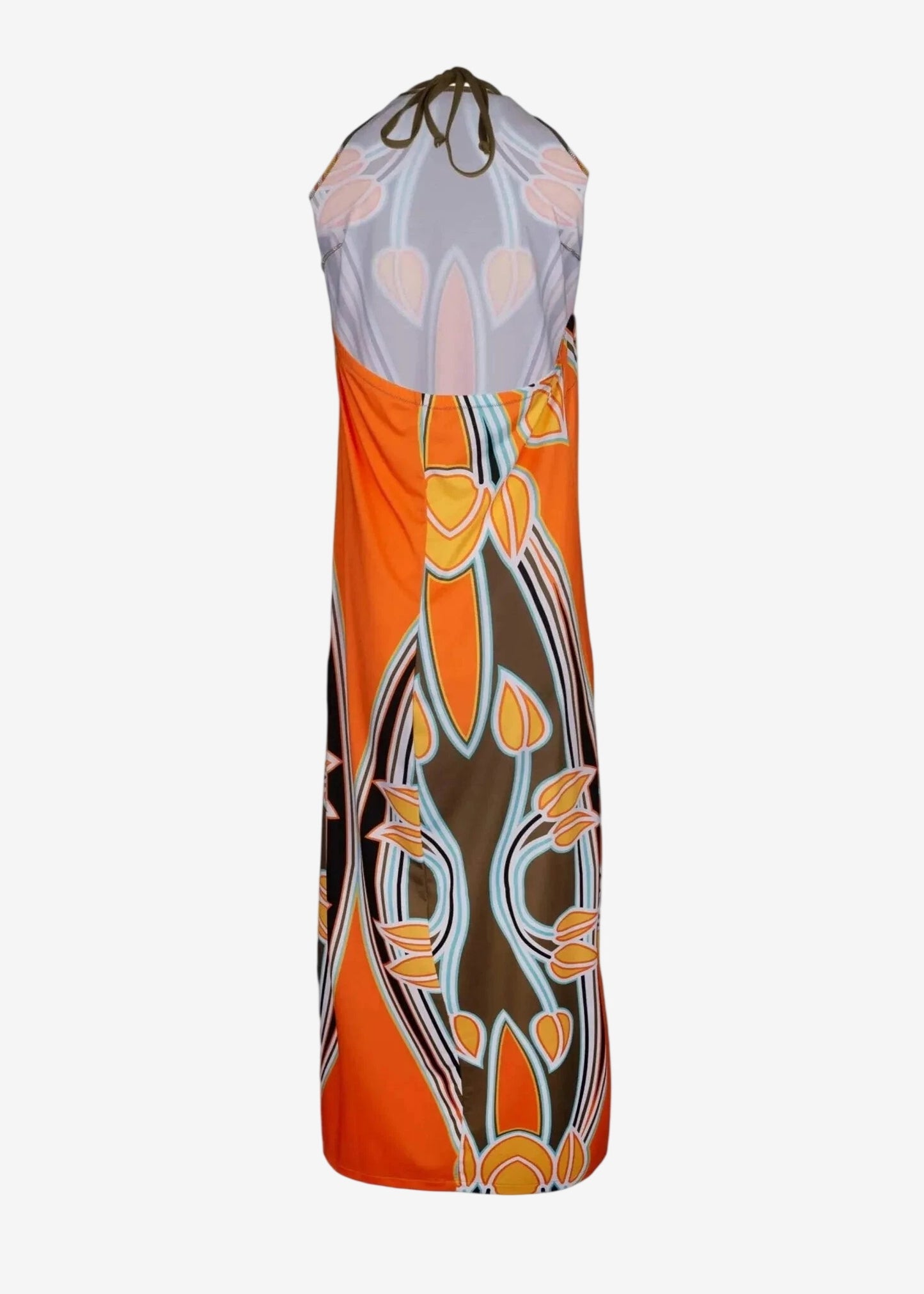 Abito lungo in lycra con macrostampa floreale, scollo all'americana e schiena scoperta.