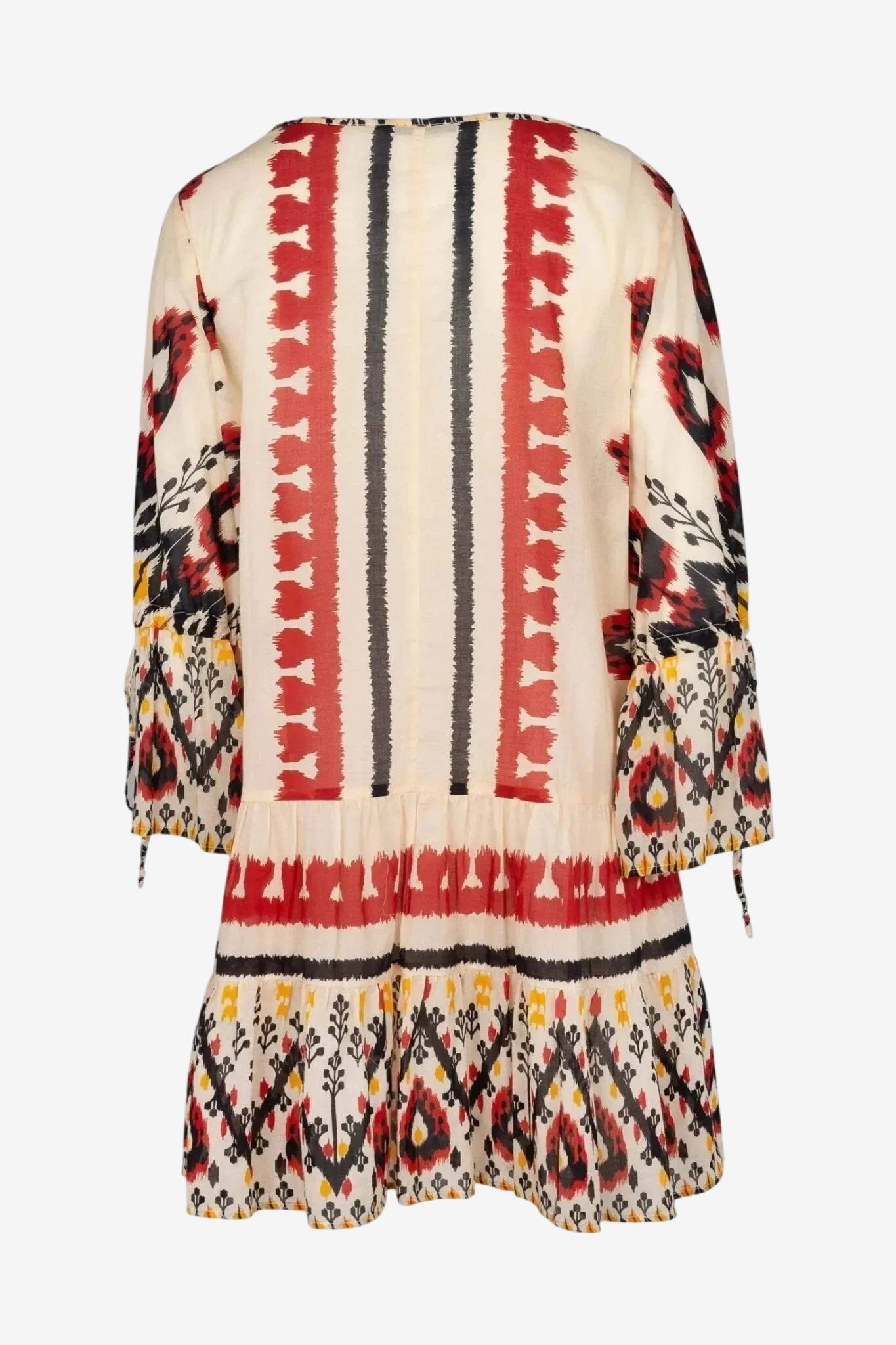 Kaftano corto in cotone leggero con stampa etnica multicolore e maniche a tre quarti.