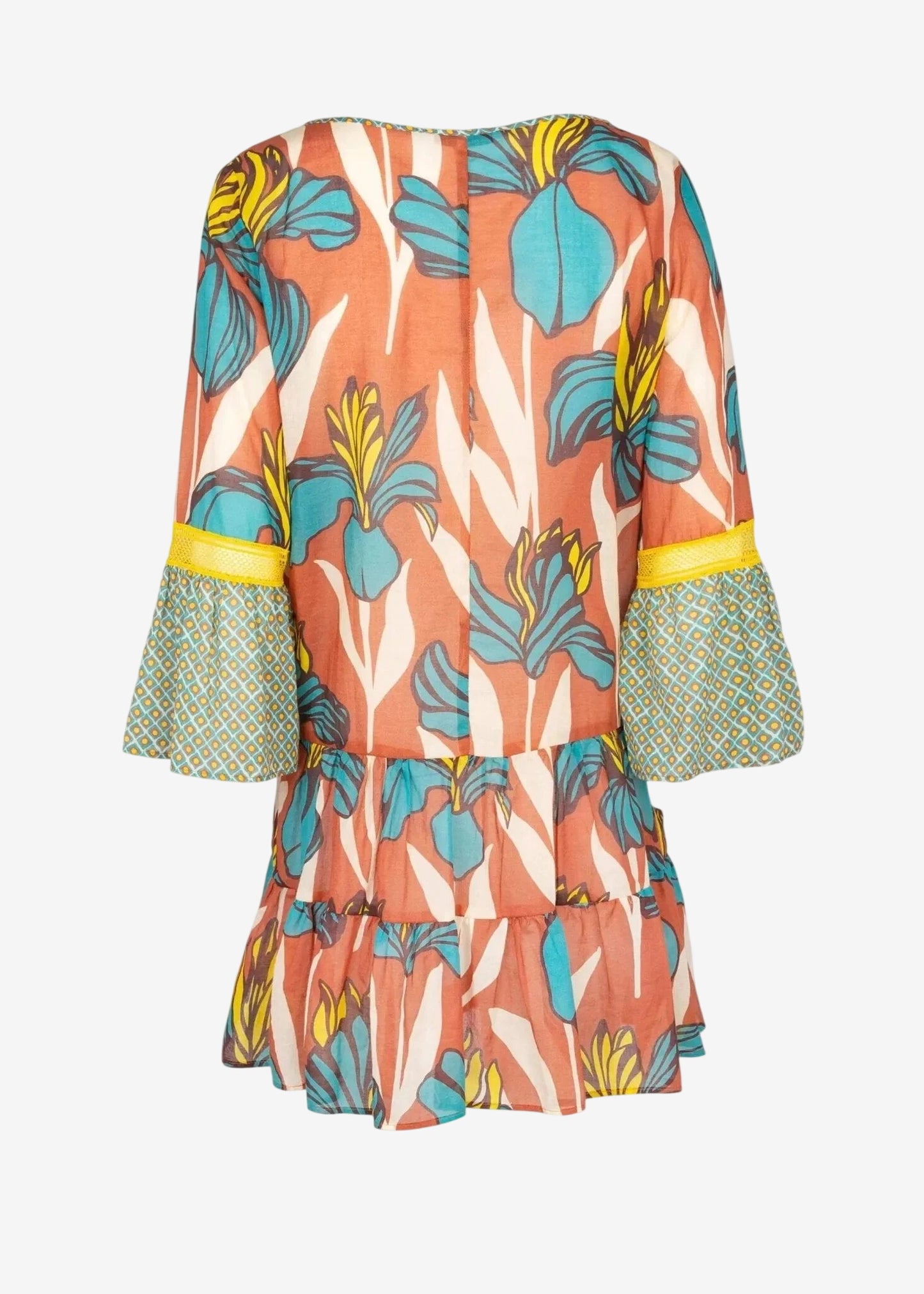 Kaftano corto in cotone con stampa floreale, maniche a campana e dettagli in pizzo giallo.