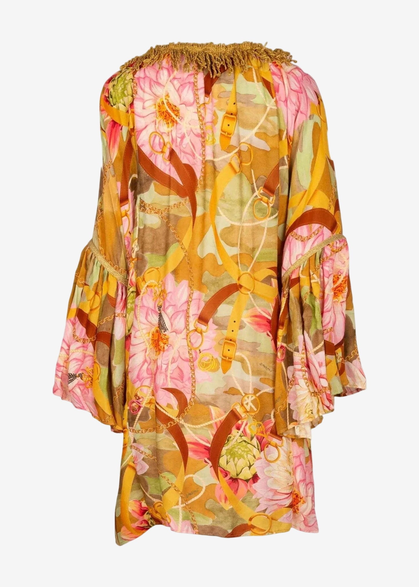 Short yellow floral print viscose kaftan by Emamo with gold fringe trim and wide sleeves.