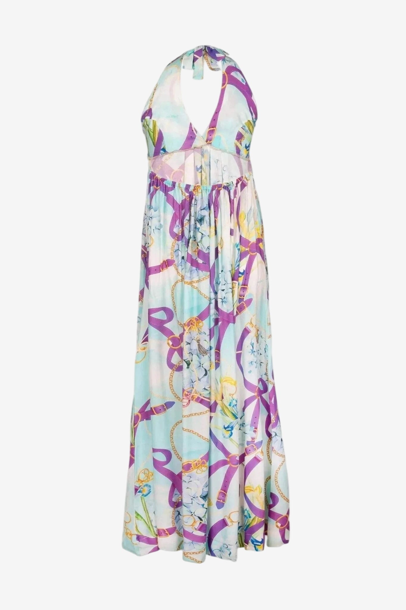 Abito lungo Emamò con scollo all'americana e stampa multicolore su fondo azzurro.