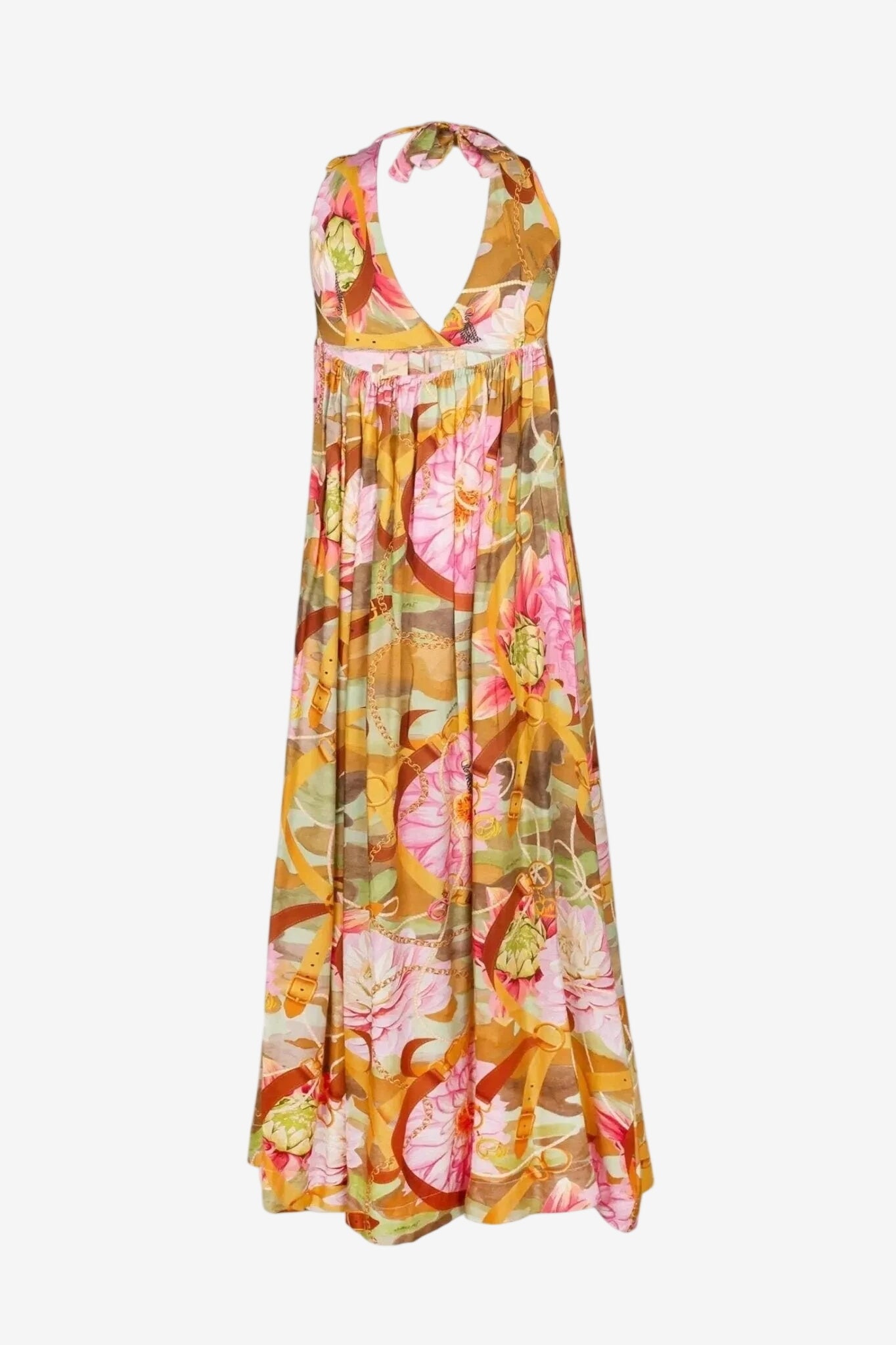 Abito lungo Emamò con allacciatura al collo e stampa floreale su fondo color ocra.