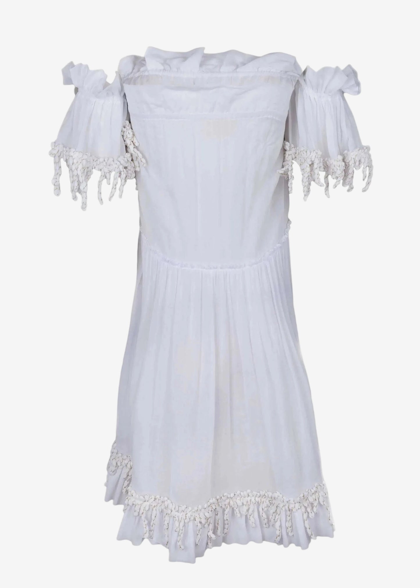 Abito corto bianco con maniche frou frou e dettagli in lurex oro.