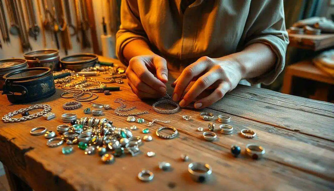 Artigiano che realizza gioielli su un tavolo di legno, accessori moda Made in Italy