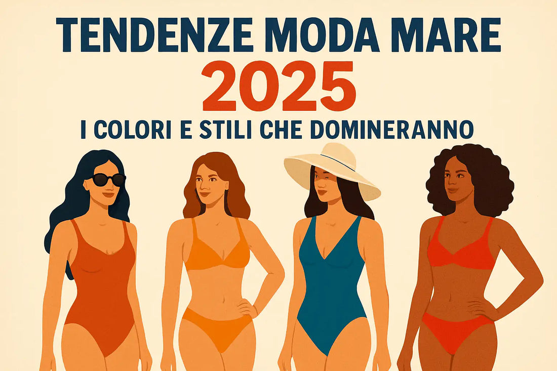 Illustrazione moda mare 2025 con quattro donne in costumi Soho Moda Mare colorati, trend beachwear Made in Italy.