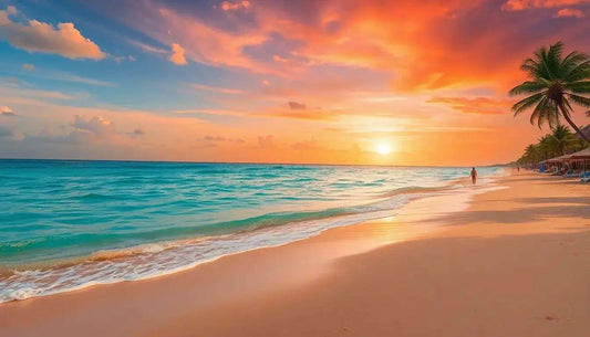 Spiaggia tropicale al tramonto con palme e acqua cristallina, ideale per moda mare di lusso