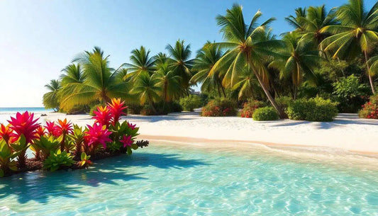 Spiaggia tropicale con palme, fiori colorati e mare cristallino, resort lusso e moda mare.