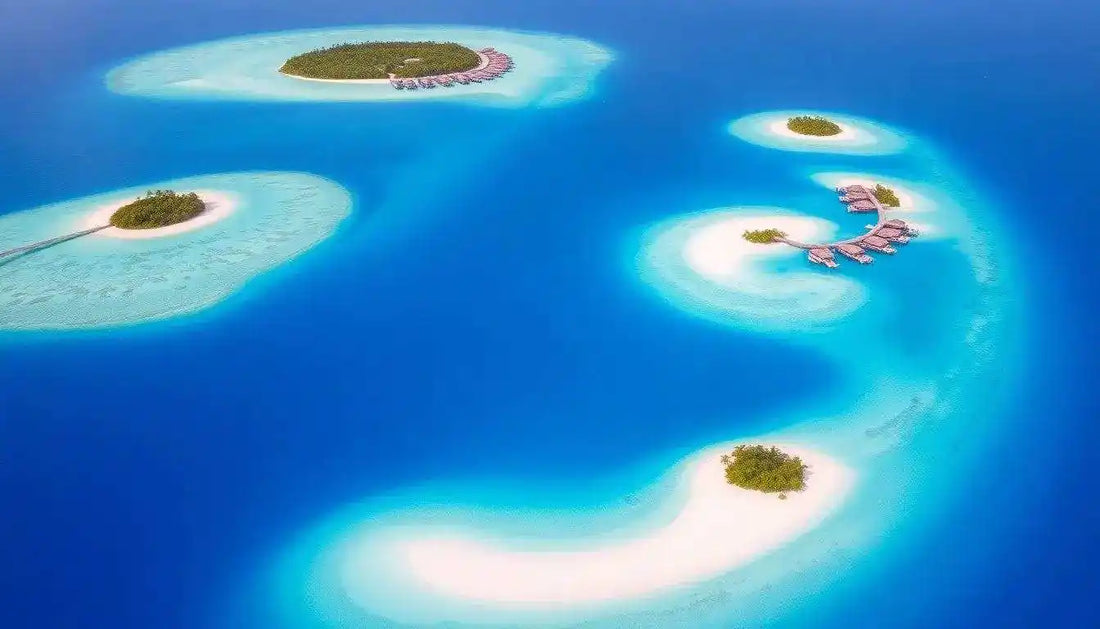 Vista aerea di isole tropicali con mare turchese e spiagge bianche, moda mare resort lusso
