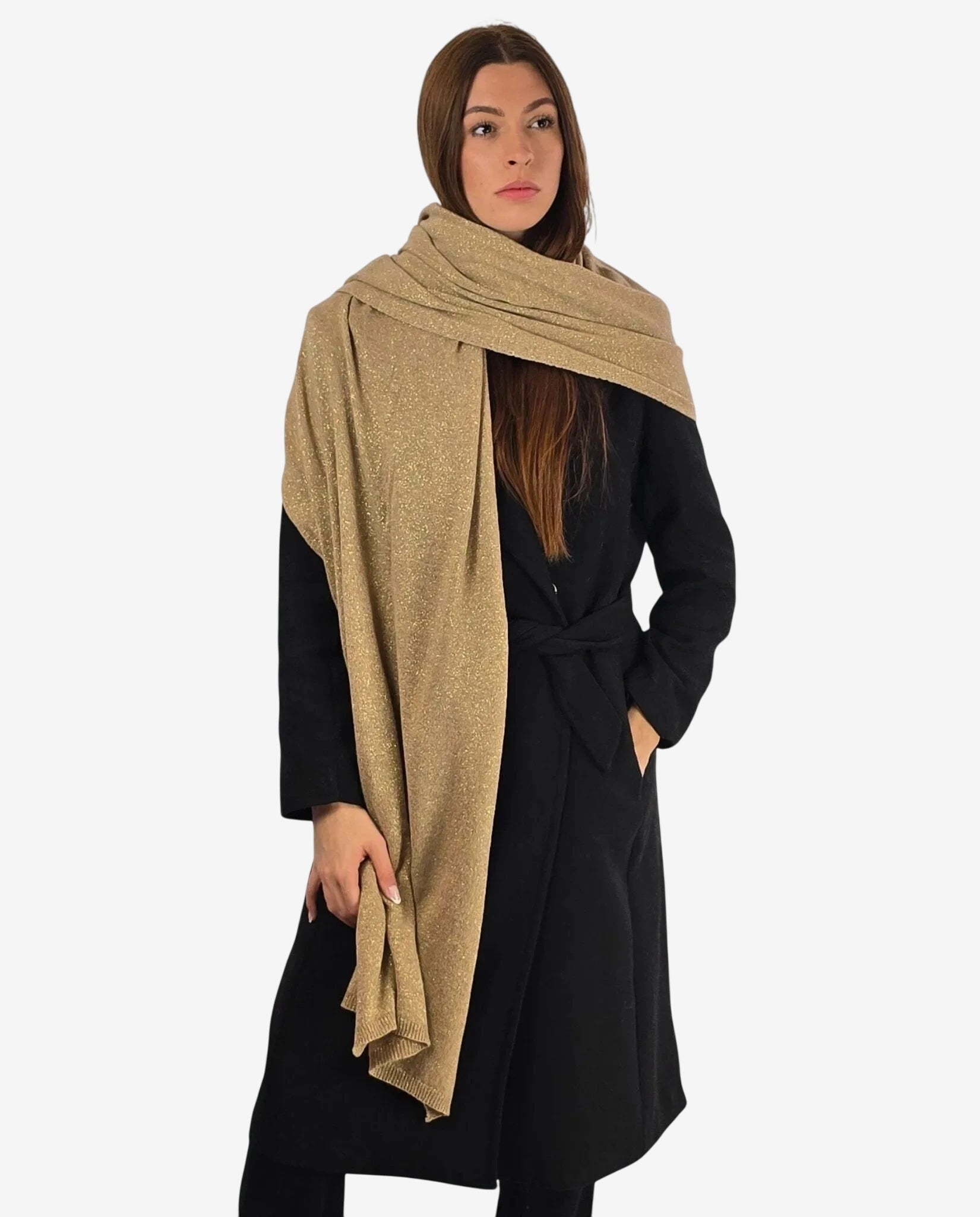 Sciarpa da donna in lana merino e cachemire color beige con riflessi lurex.