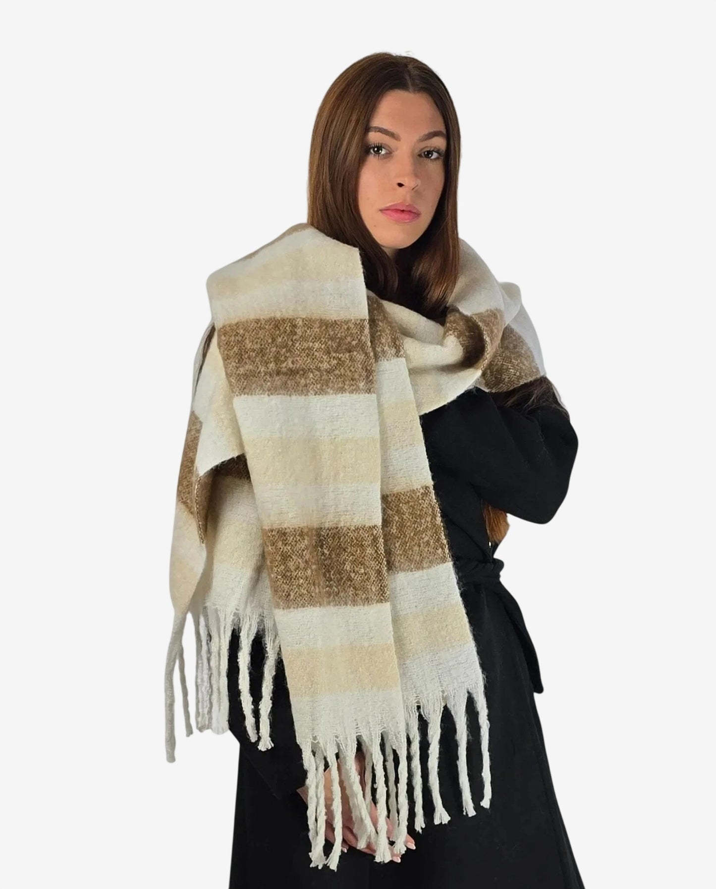 Sciarpa da donna a righe color panna e marrone con frange decorative.