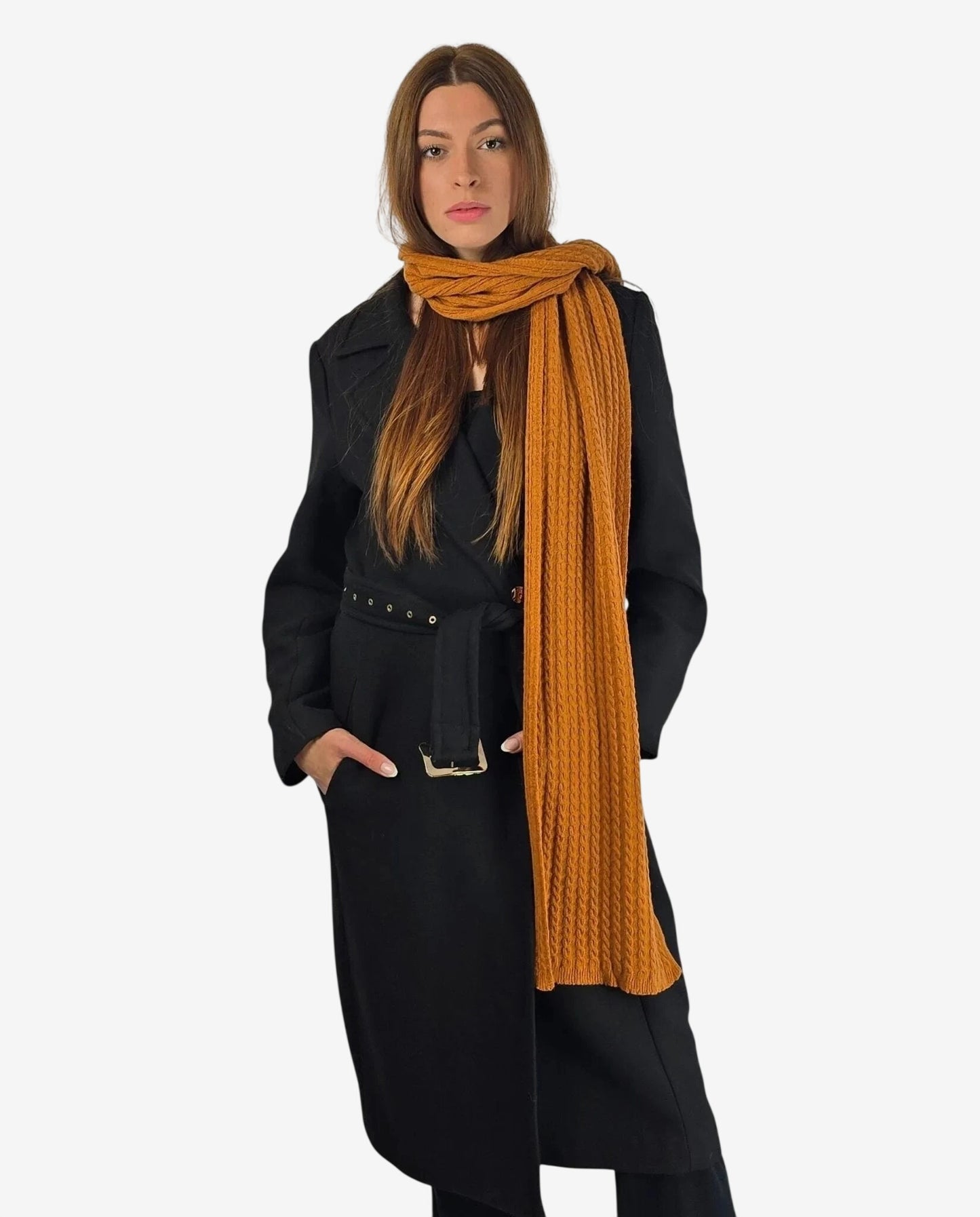 Sciarpa da donna in lana e cachemire color terracotta con lavorazione a coste.