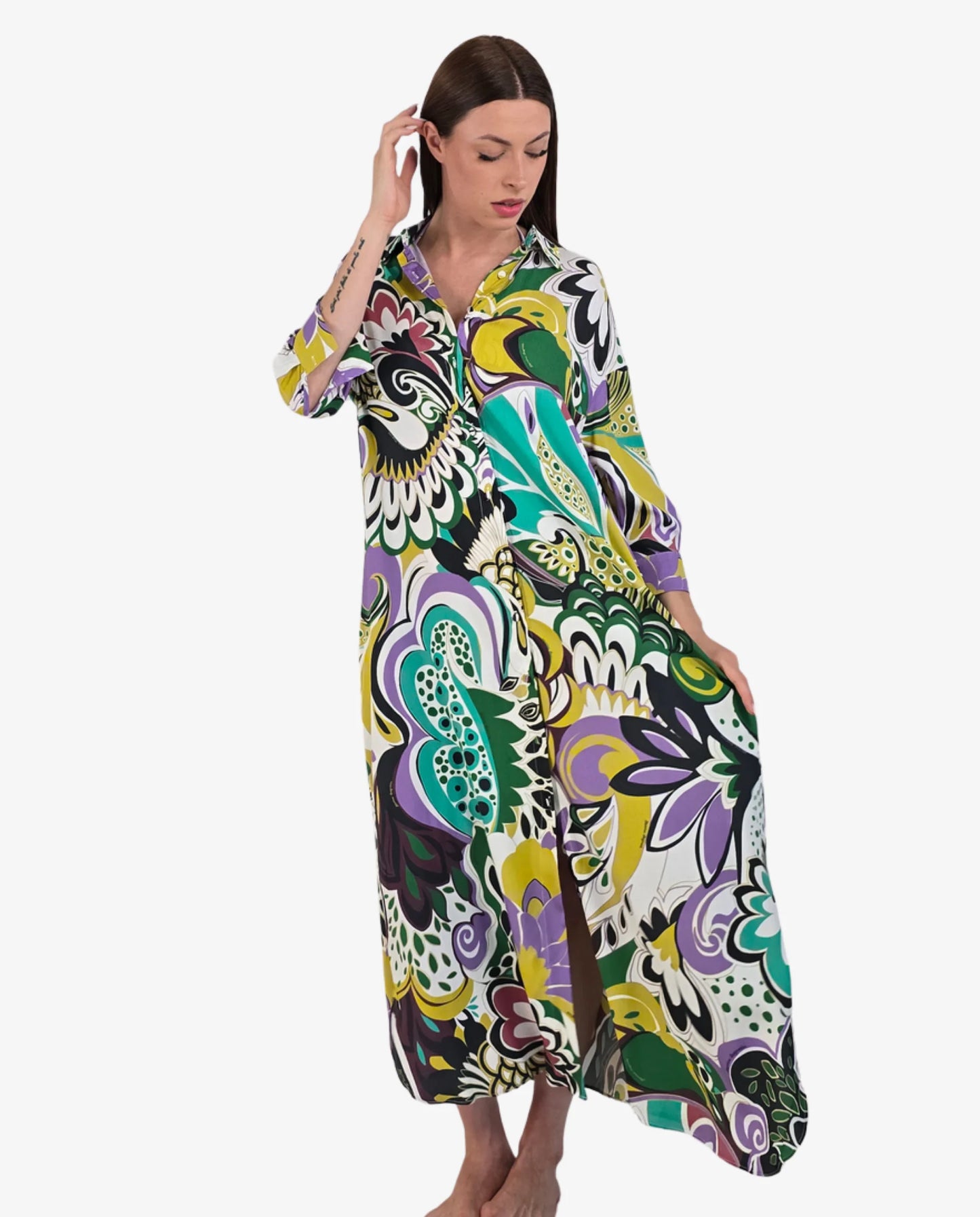 Chemisier Maxi Stampa Paisley Verde e Lilla