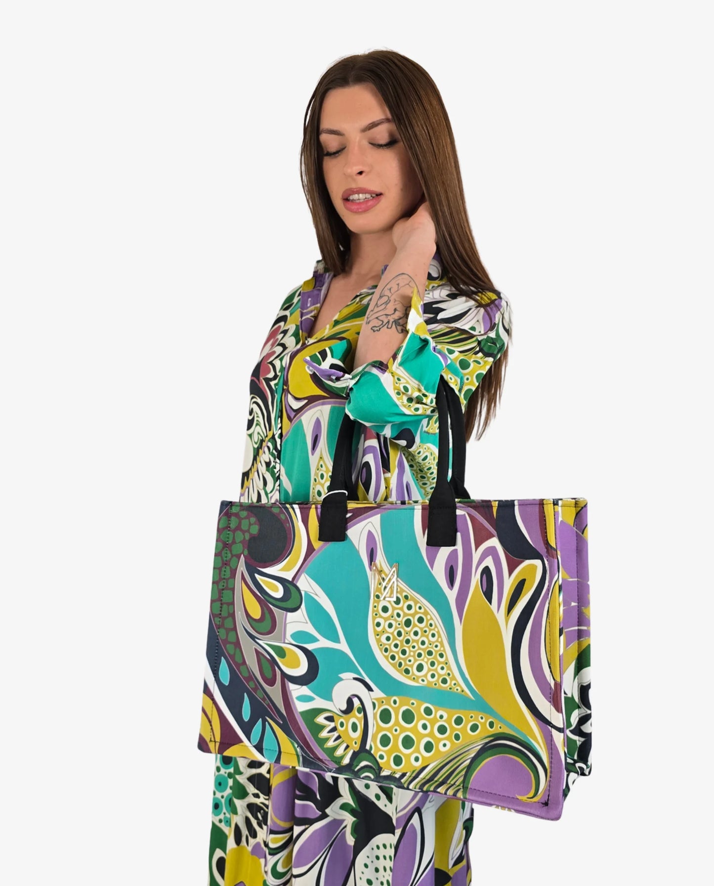Borsa Tote Stampa Paisley Verde e Lilla