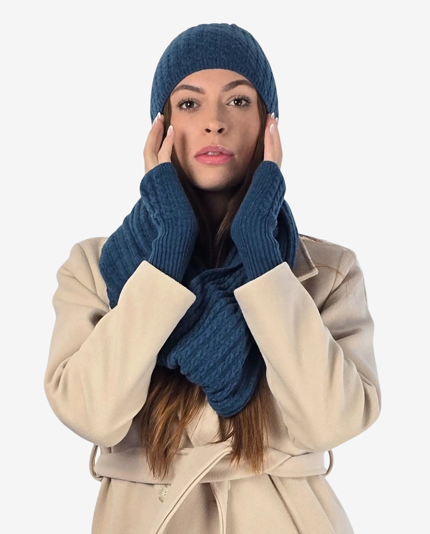 Manicotto da donna in misto lana e cachemire color ottanio navy.