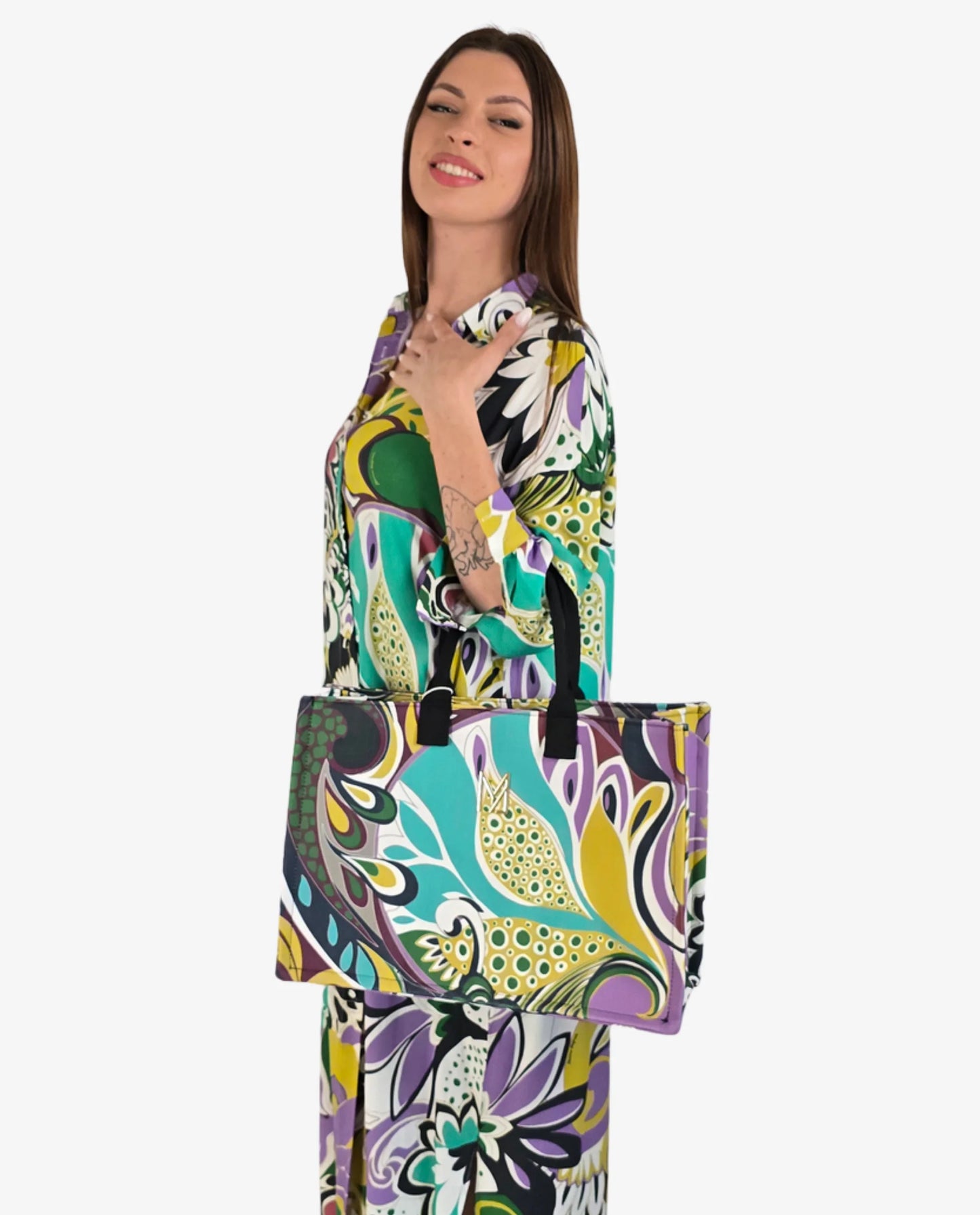 Borsa Tote Stampa Paisley Verde e Lilla