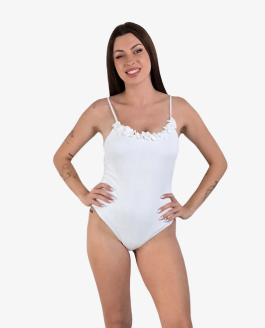 Costume Intero Nido d'Ape Bianco con Fiori 3D