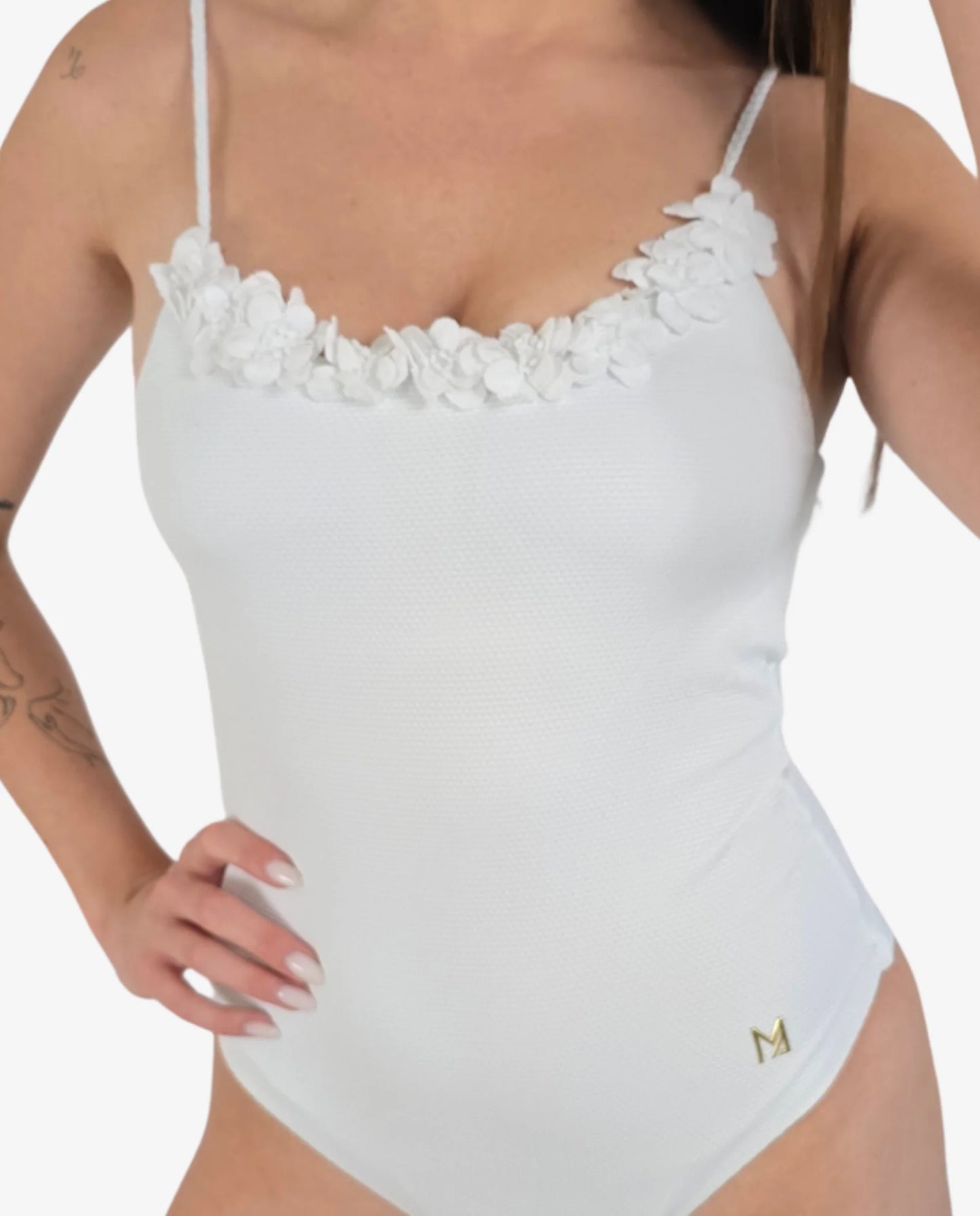 Costume Intero Nido d'Ape Bianco con Fiori 3D