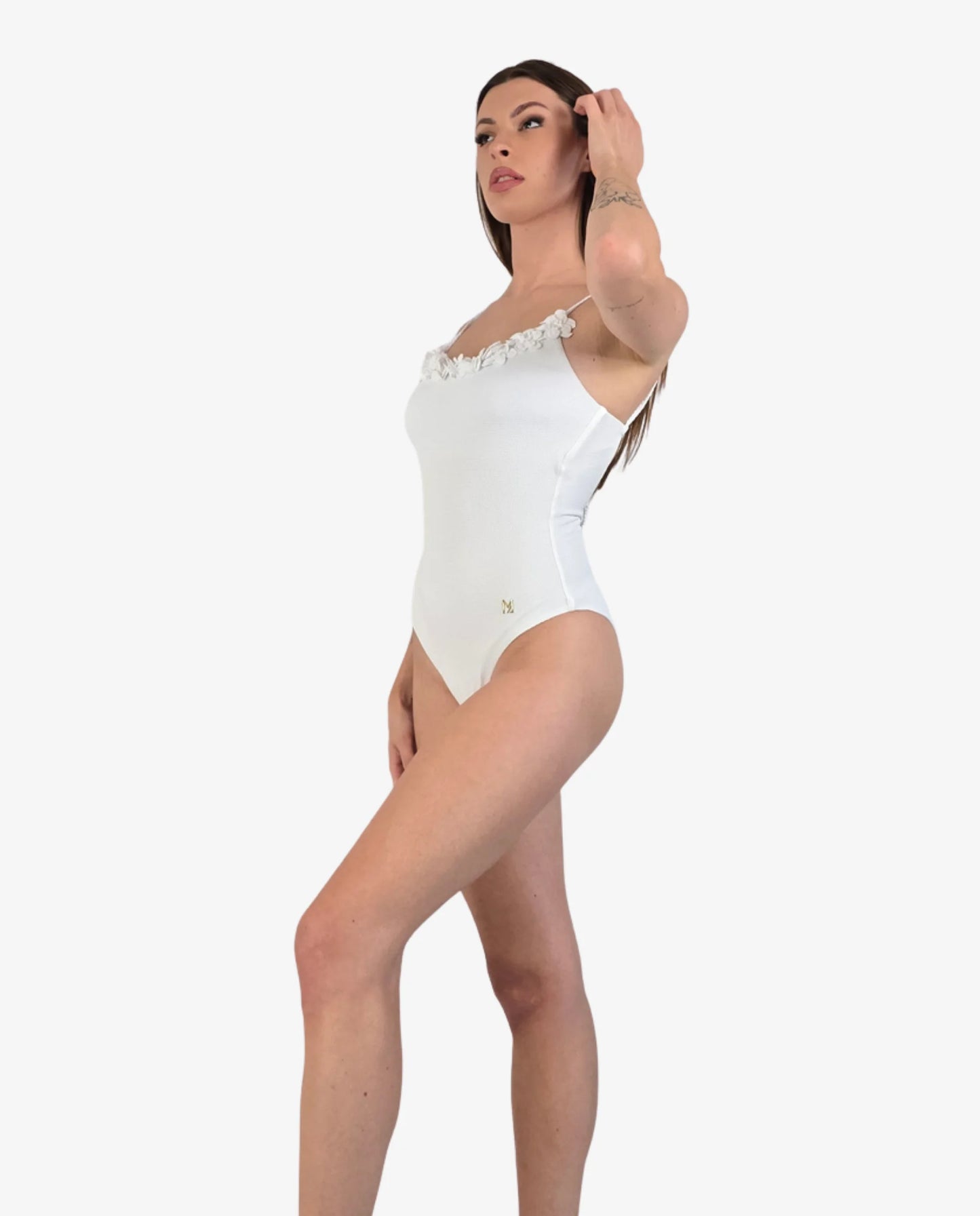 Costume Intero Nido d'Ape Bianco con Fiori 3D