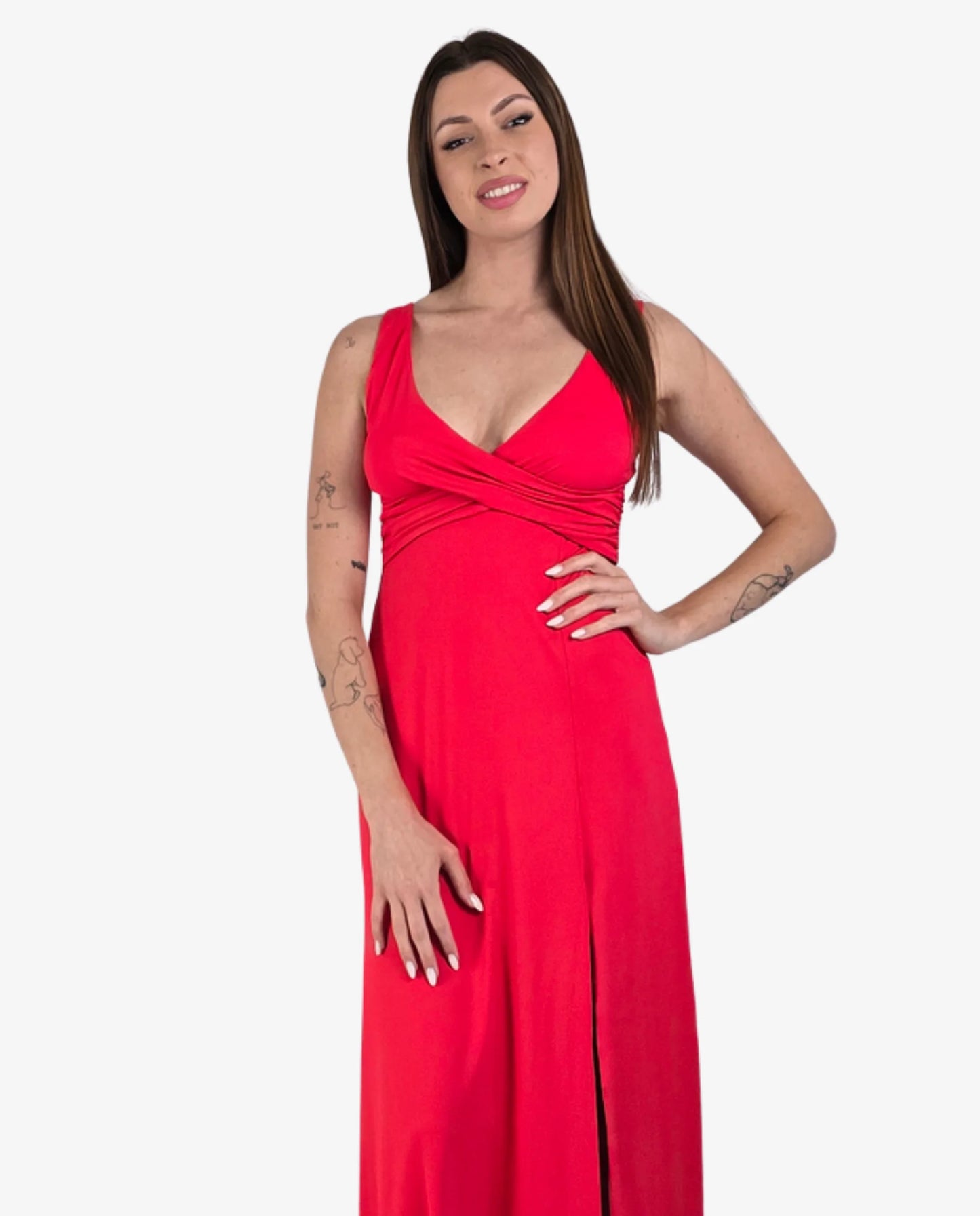 Abito Lungo Maxi Rosso Scollo V Incrociato con Spacco