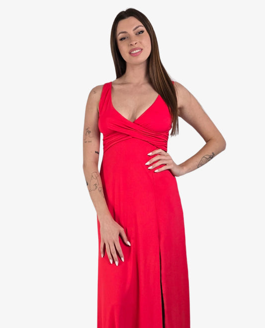 Abito Lungo Maxi Rosso Scollo V Incrociato con Spacco