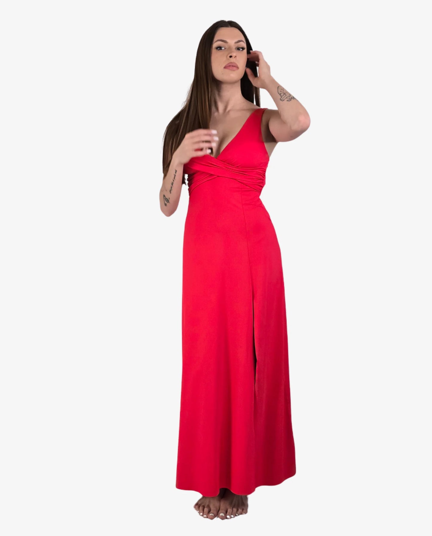 Abito Lungo Maxi Rosso Scollo V Incrociato con Spacco