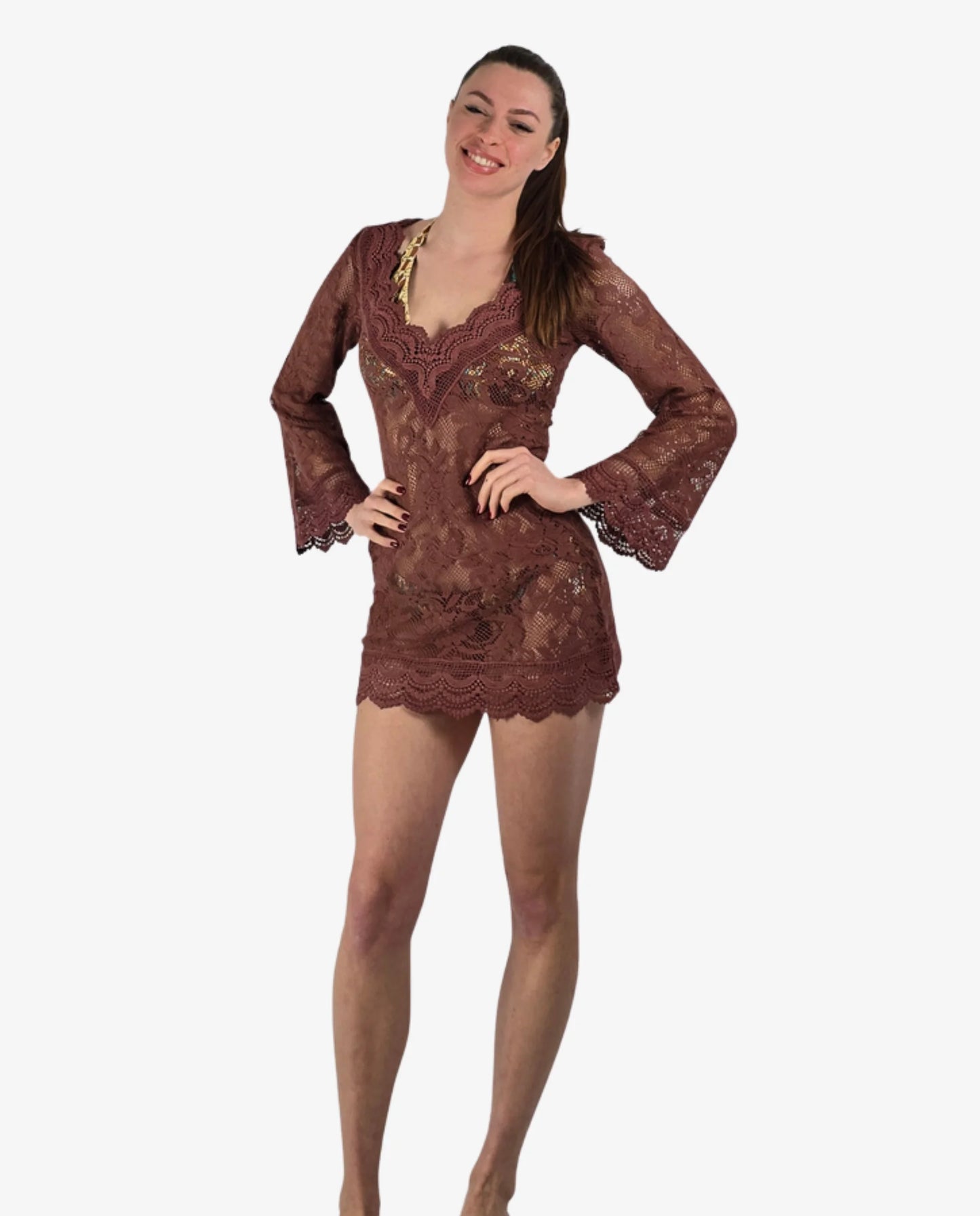 Abito Corto Pizzo Fucsia Turchese Marrone