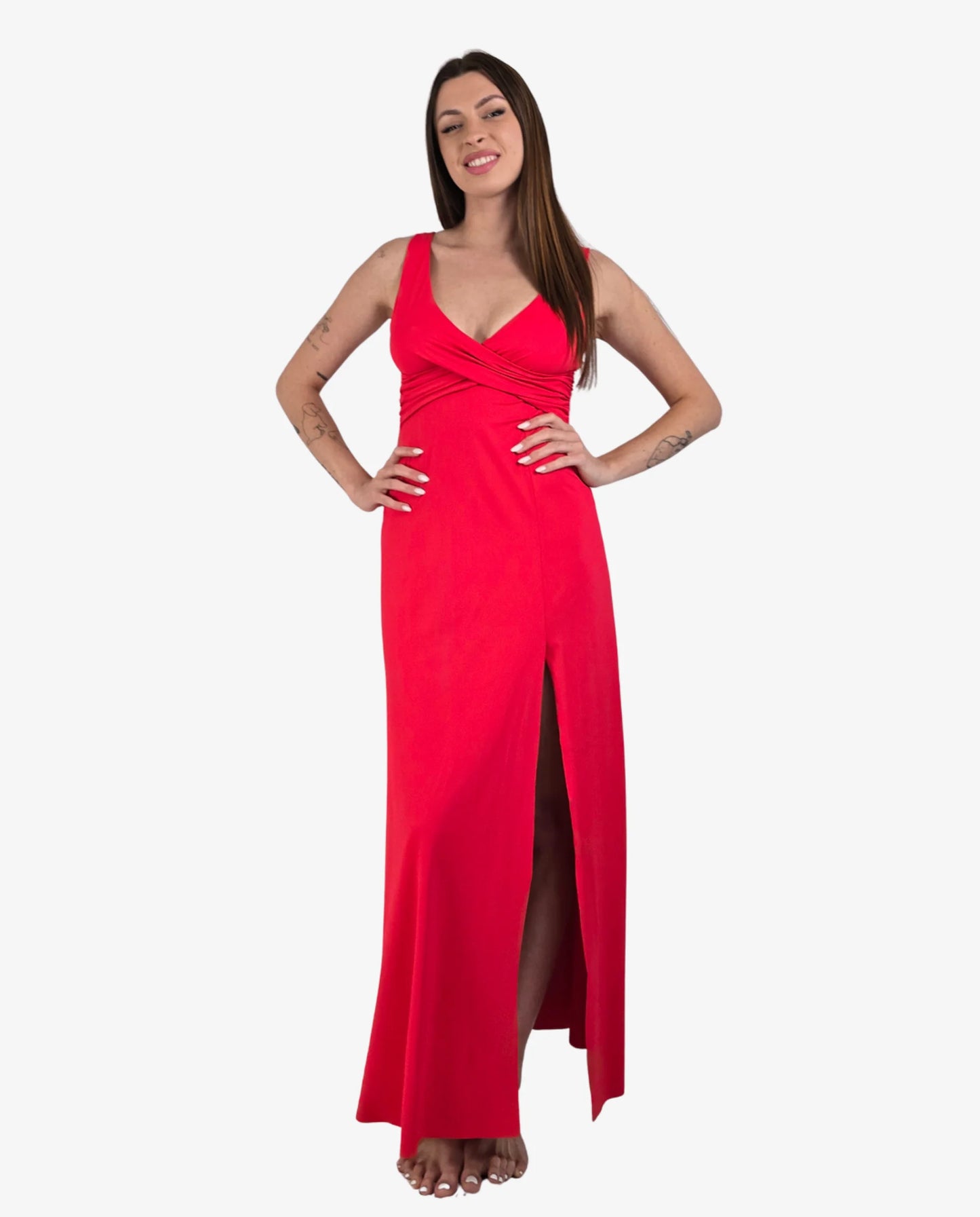 Abito Lungo Maxi Rosso Scollo V Incrociato con Spacco