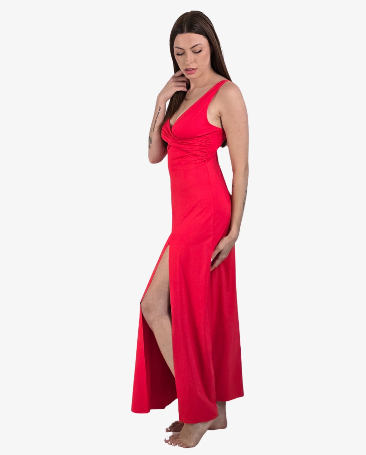 Abito Lungo Maxi Rosso Scollo V Incrociato con Spacco