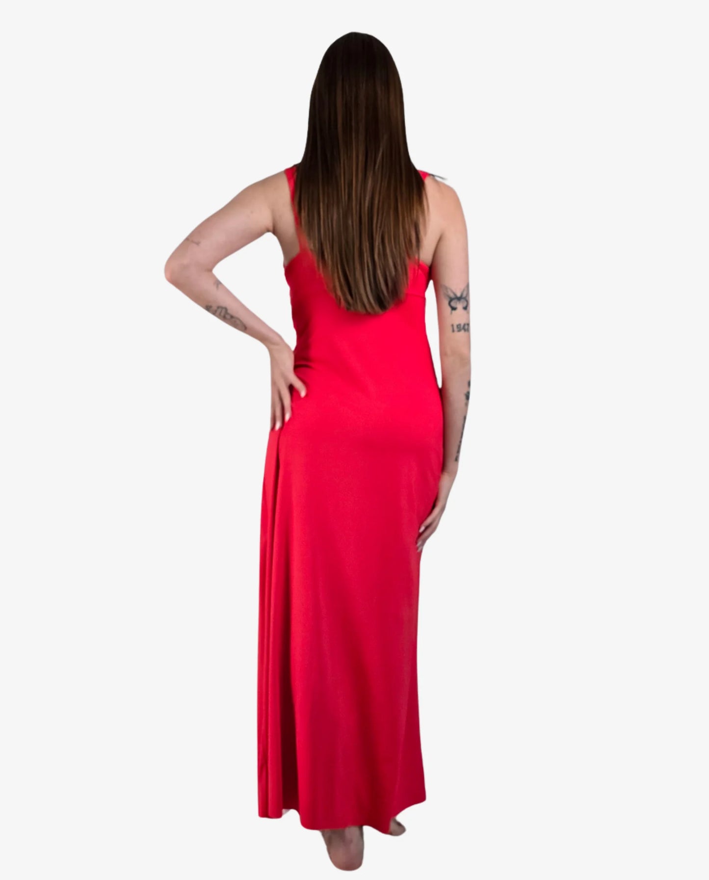 Abito Lungo Maxi Rosso Scollo V Incrociato con Spacco