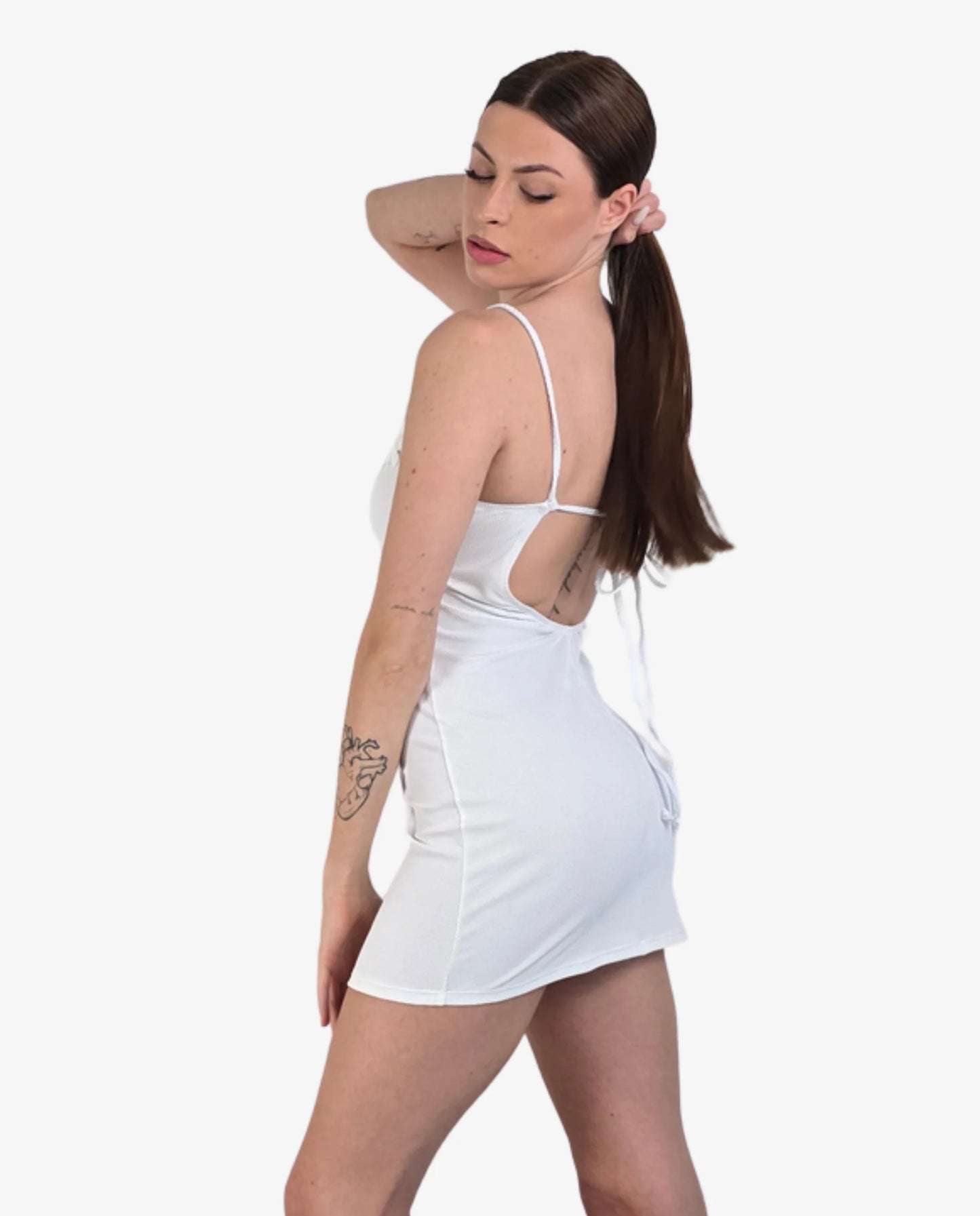 Abito Corto Bianco Nido d'Ape con Fiori 3D e Schiena Aperta