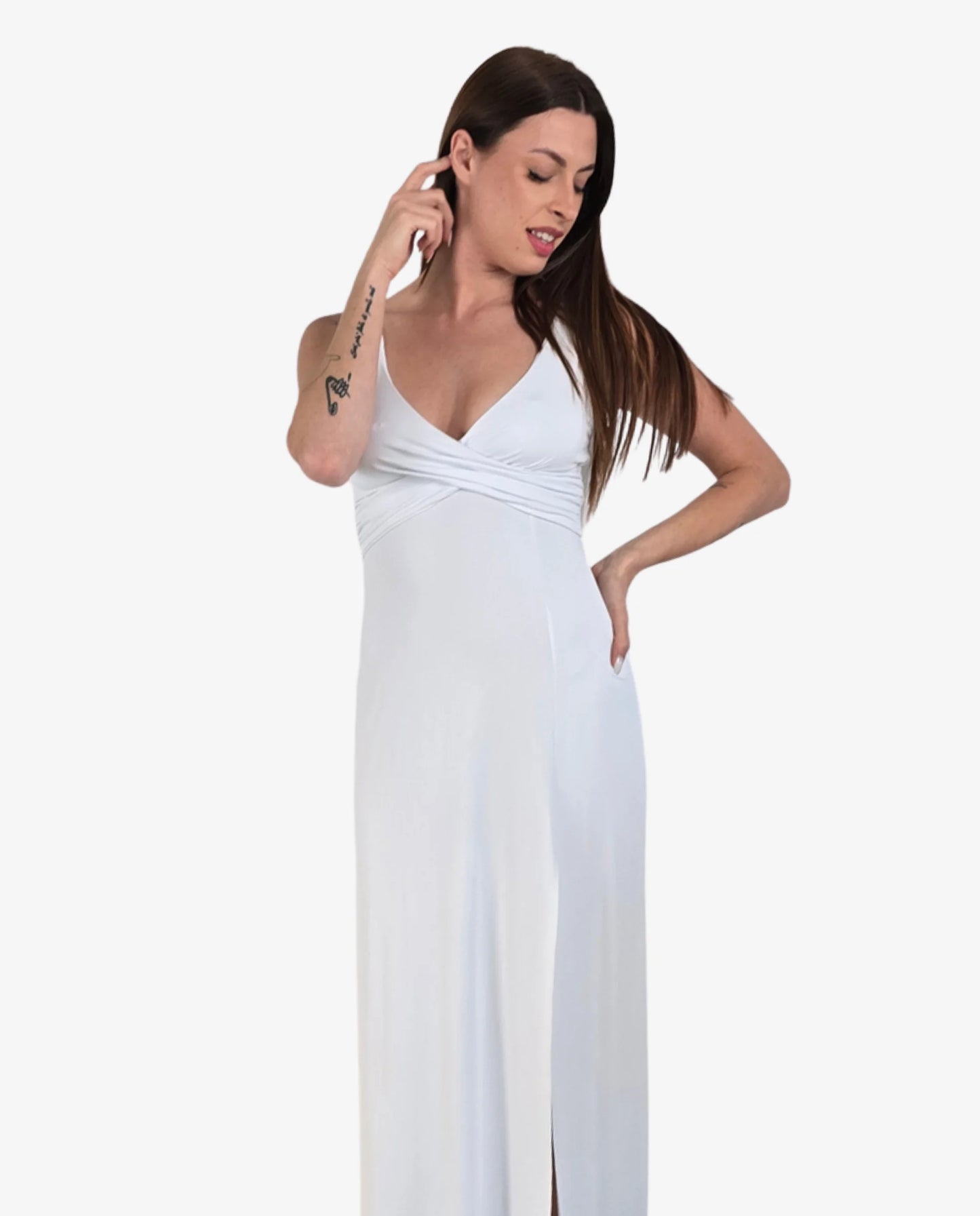 Abito Lungo Maxi Bianco Scollo V Incrociato con Spacco