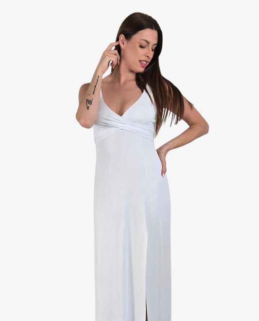 Abito Lungo Maxi Bianco Scollo V Incrociato con Spacco