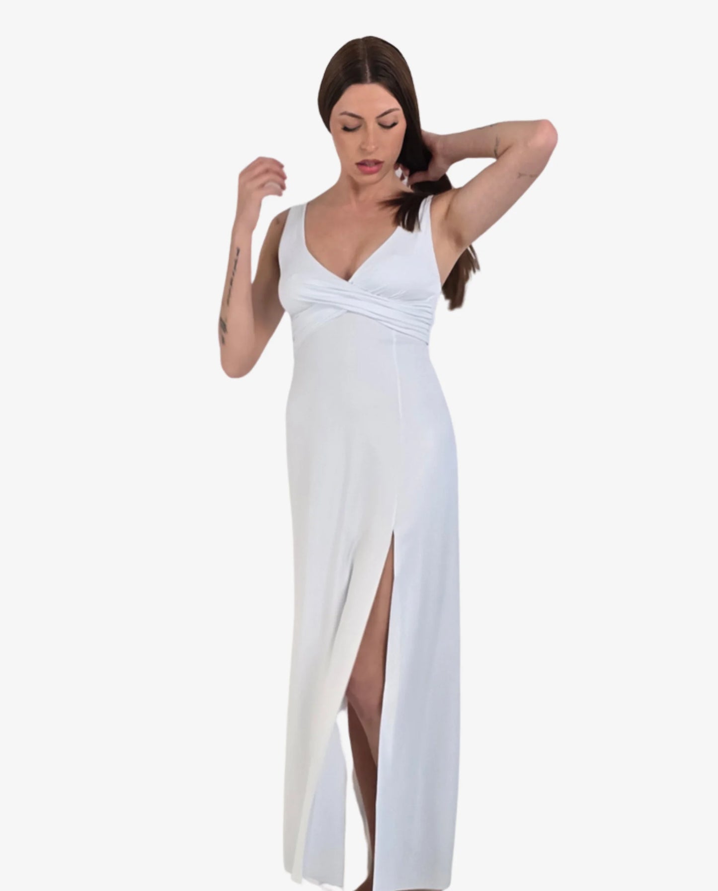 Abito Lungo Maxi Bianco Scollo V Incrociato con Spacco
