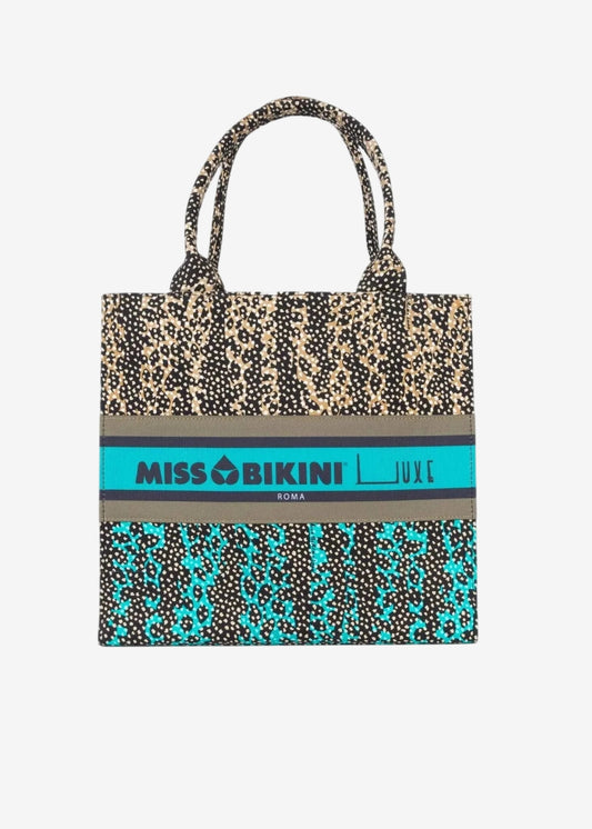 Borsa a mano Miss Bikini in canvas con stampa animalier e fascia centrale logata.