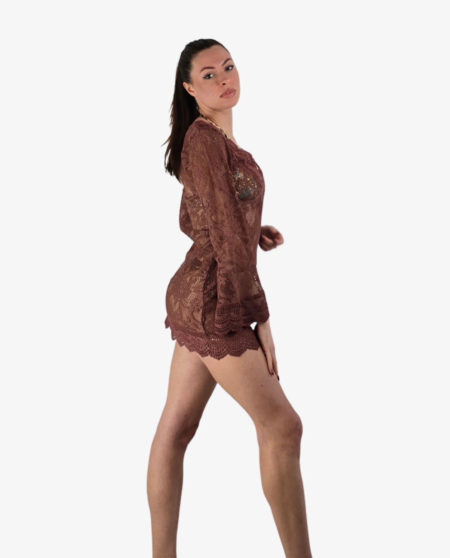 Abito Corto Pizzo Fucsia Turchese Marrone
