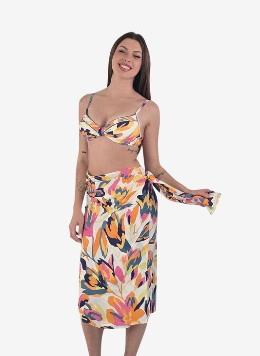 Pareo Gonna Avvolgente Fantasia Fiori Avorio — Olivia Gold