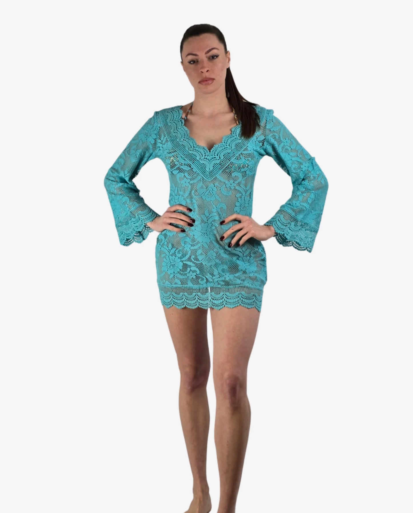 Abito Corto Pizzo Fucsia Turchese Marrone